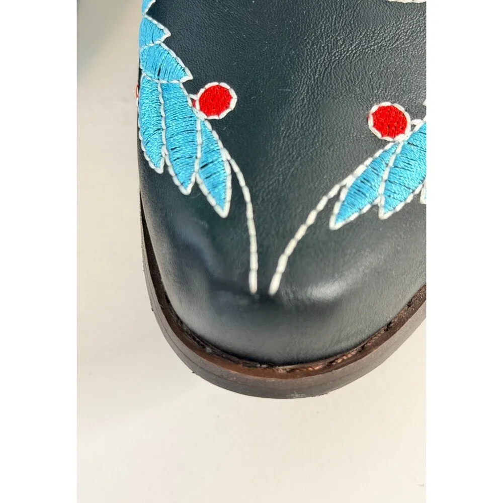 Embroidered Turquoise Cowhide Floral Snip Toe Western Cowgirl Boots Sz37 US 6.5